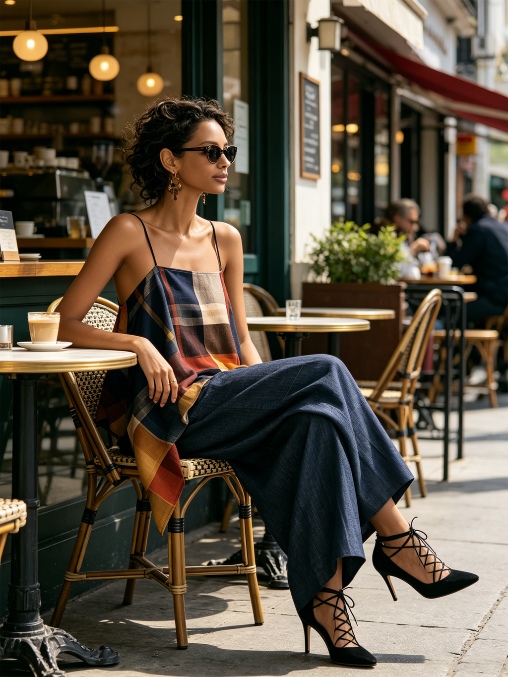 Color Block Plaid Asymmetrical Cami & Denim Wide-Leg Pants Two-Piece Set