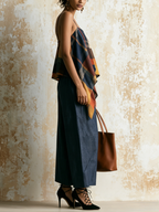 Color Block Plaid Asymmetrical Cami & Denim Wide-Leg Pants Two-Piece Set