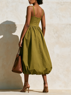 Square Neck Spaghetti Strap Midi Bubble Hem Midi Dress | Fitted Waist Voluminous Balloon Skirt