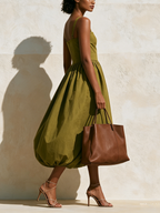 Square Neck Spaghetti Strap Midi Bubble Hem Midi Dress | Fitted Waist Voluminous Balloon Skirt