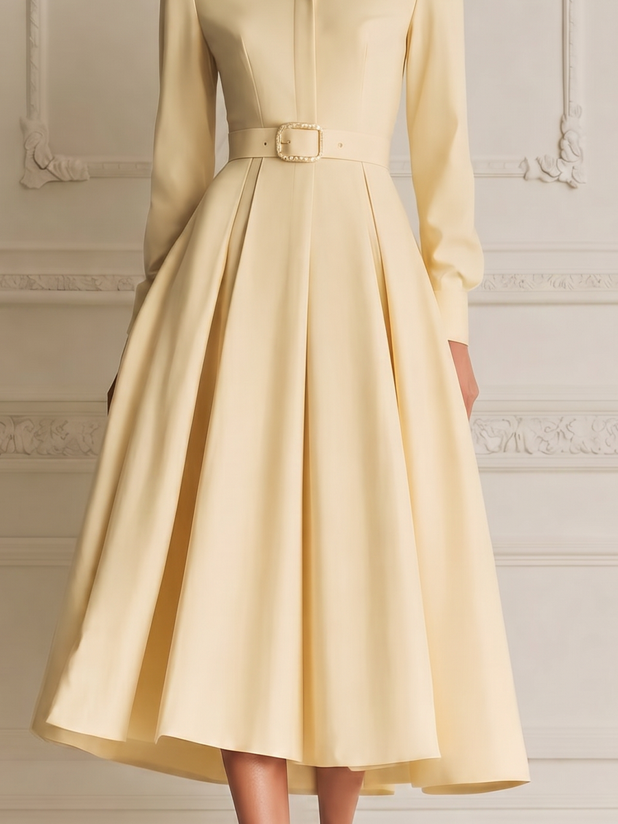Pale Yellow Pointed Collar Long Sleeve Crystal Belted Pleated A-Line Shirt Midi Dress