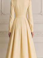 Pale Yellow Pointed Collar Long Sleeve Crystal Belted Pleated A-Line Shirt Midi Dress