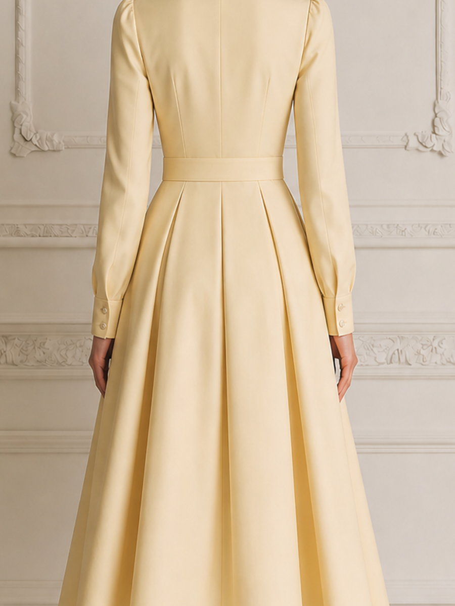 Pale Yellow Pointed Collar Long Sleeve Crystal Belted Pleated A-Line Shirt Midi Dress