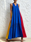 Colorblock Breeze Maxi Dress – Blue V-Neck Flow Dress With Bold Yellow & Red Side Panels
