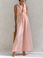 Sleeveless Hooded Linen Maxi Dress, Deep V Drawstring Waist Relaxed Flowy Vacation Dress