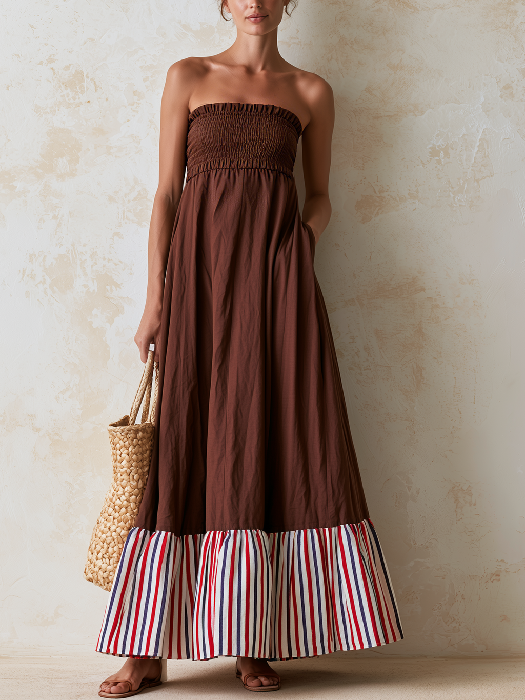 Brown Strapless Color Block Ruffle Maxi Dress
