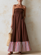 Brown Strapless Color Block Ruffle Maxi Dress