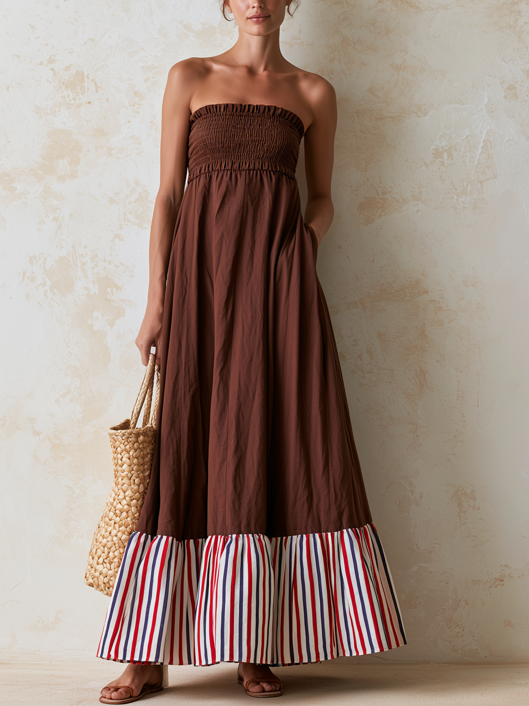 Brown Strapless Color Block Ruffle Maxi Dress