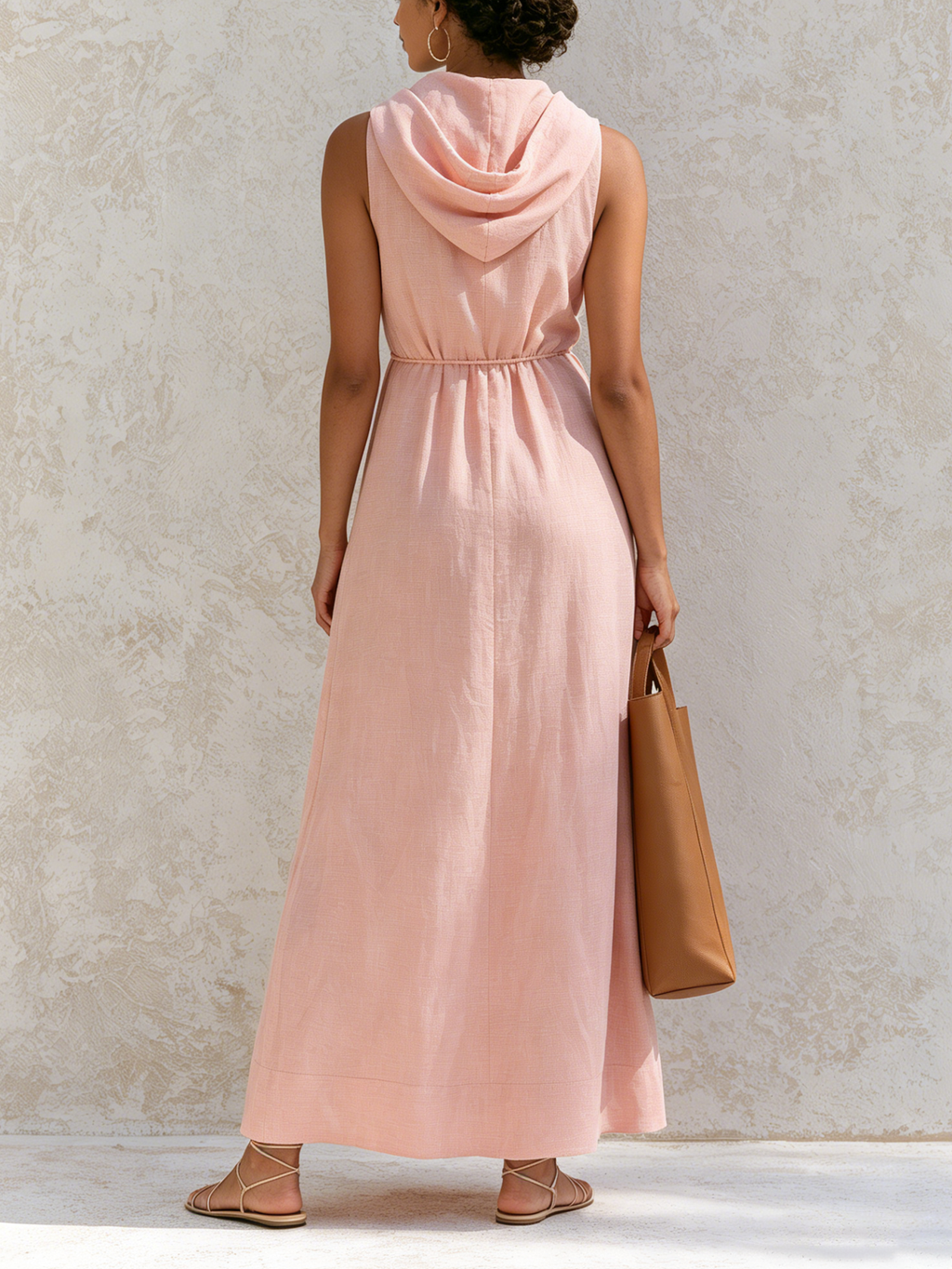 Sleeveless Hooded Linen Maxi Dress, Deep V Drawstring Waist Relaxed Flowy Vacation Dress