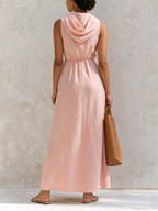 Sleeveless Hooded Linen Maxi Dress, Deep V Drawstring Waist Relaxed Flowy Vacation Dress