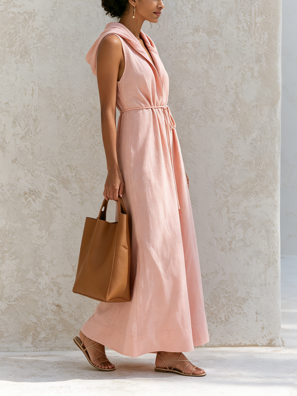 Sleeveless Hooded Linen Maxi Dress, Deep V Drawstring Waist Relaxed Flowy Vacation Dress