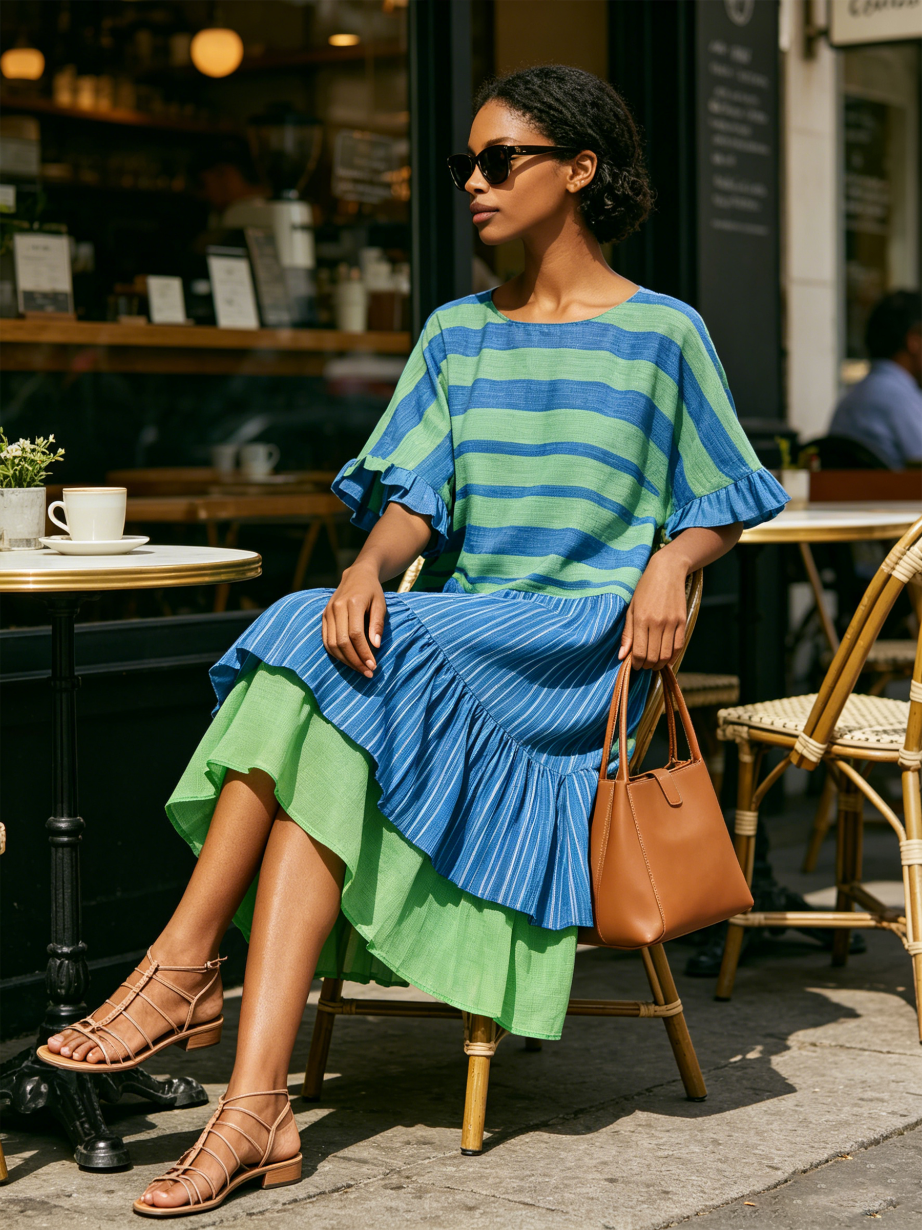 Color Block Striped Ruffle Mini Dress,
