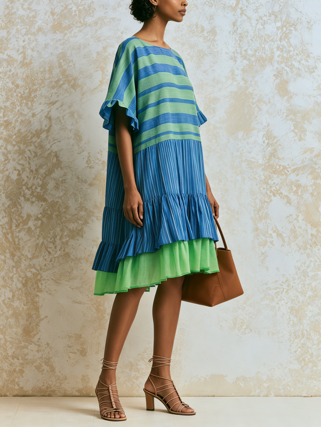 Color Block Striped Ruffle Mini Dress,