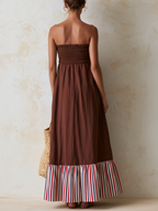 Brown Strapless Color Block Ruffle Maxi Dress
