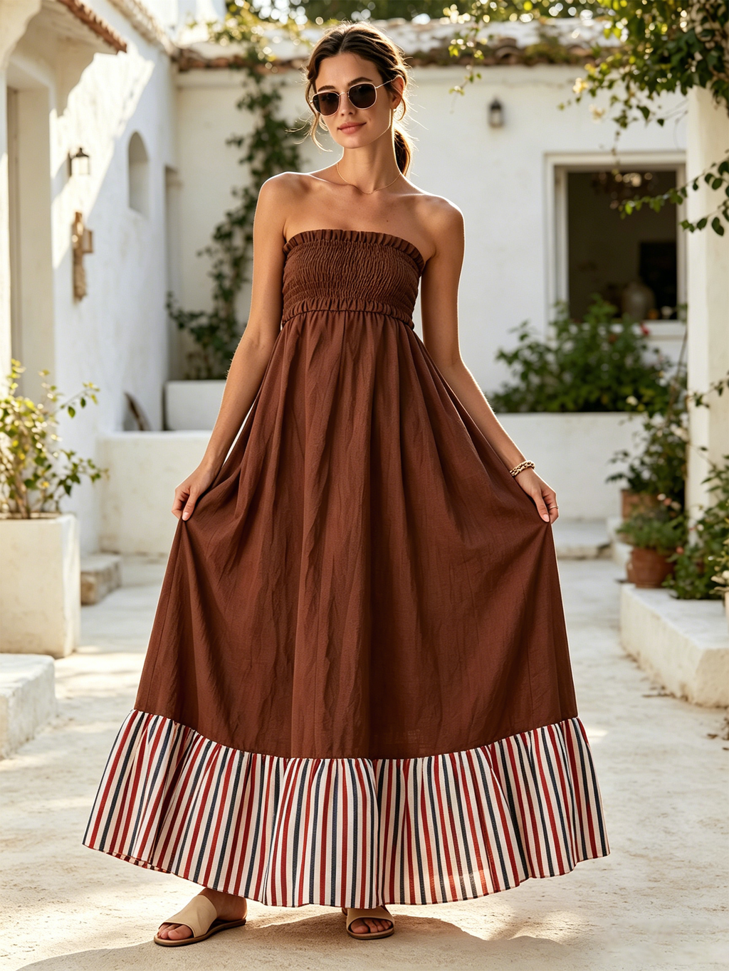 Brown Strapless Color Block Ruffle Maxi Dress