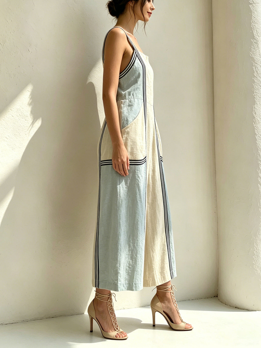 Colorblock Wide-Leg Jumpsuit With Contrast Straps – Minimal Chic Summer Romper