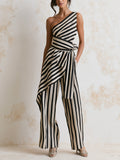 Asymmetric One-Shoulder Striped Jumpsuit – Elegant High-Waist Wide-Leg Statement Outfit