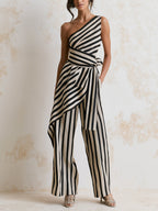 Asymmetric One-Shoulder Striped Jumpsuit – Elegant High-Waist Wide-Leg Statement Outfit