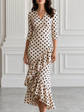 Polka Dot Wrap Asymmetrical Ruffle Midi Dress