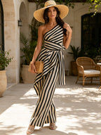 Asymmetric One-Shoulder Striped Jumpsuit – Elegant High-Waist Wide-Leg Statement Outfit
