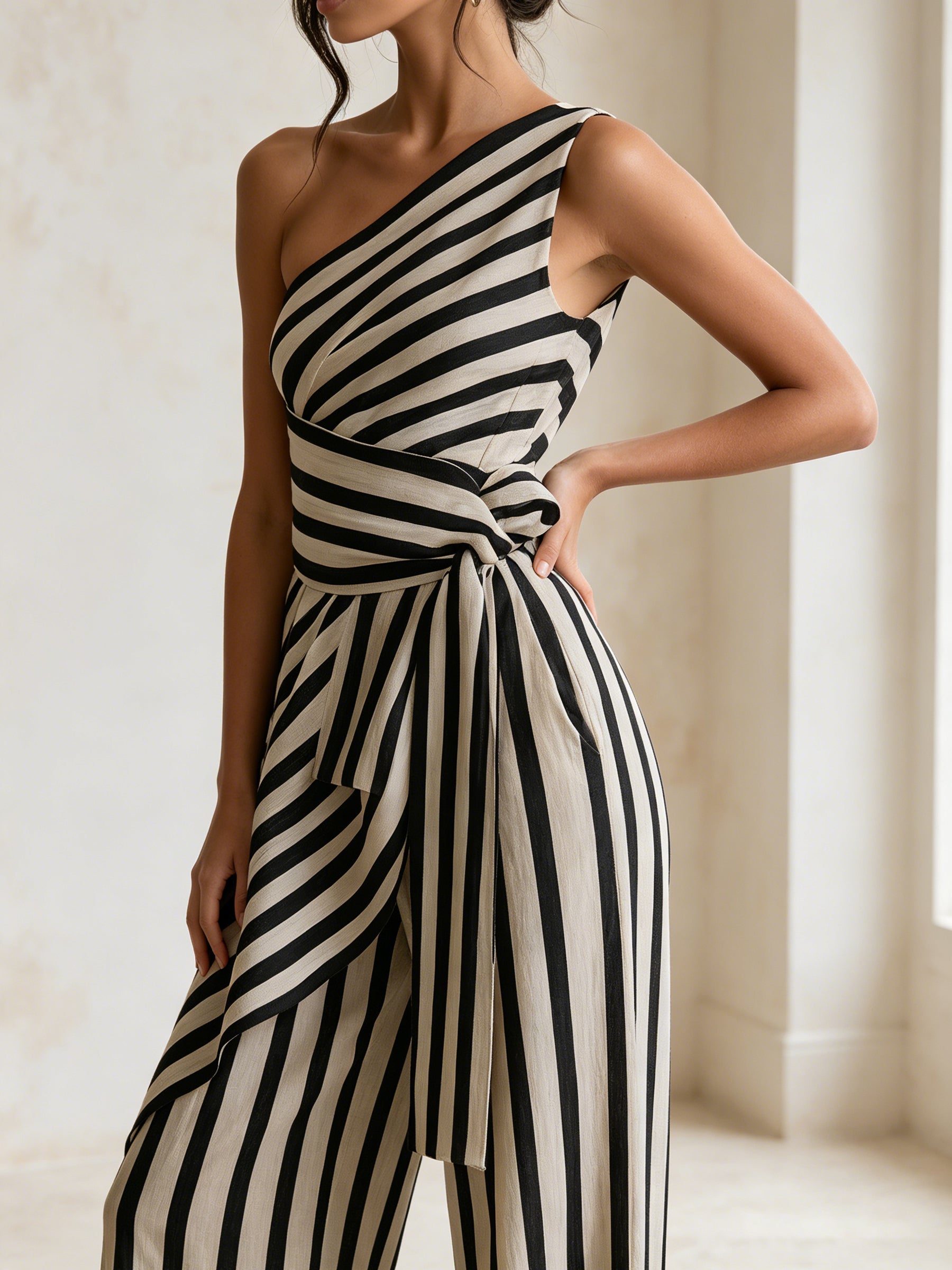 Asymmetric One-Shoulder Striped Jumpsuit – Elegant High-Waist Wide-Leg Statement Outfit