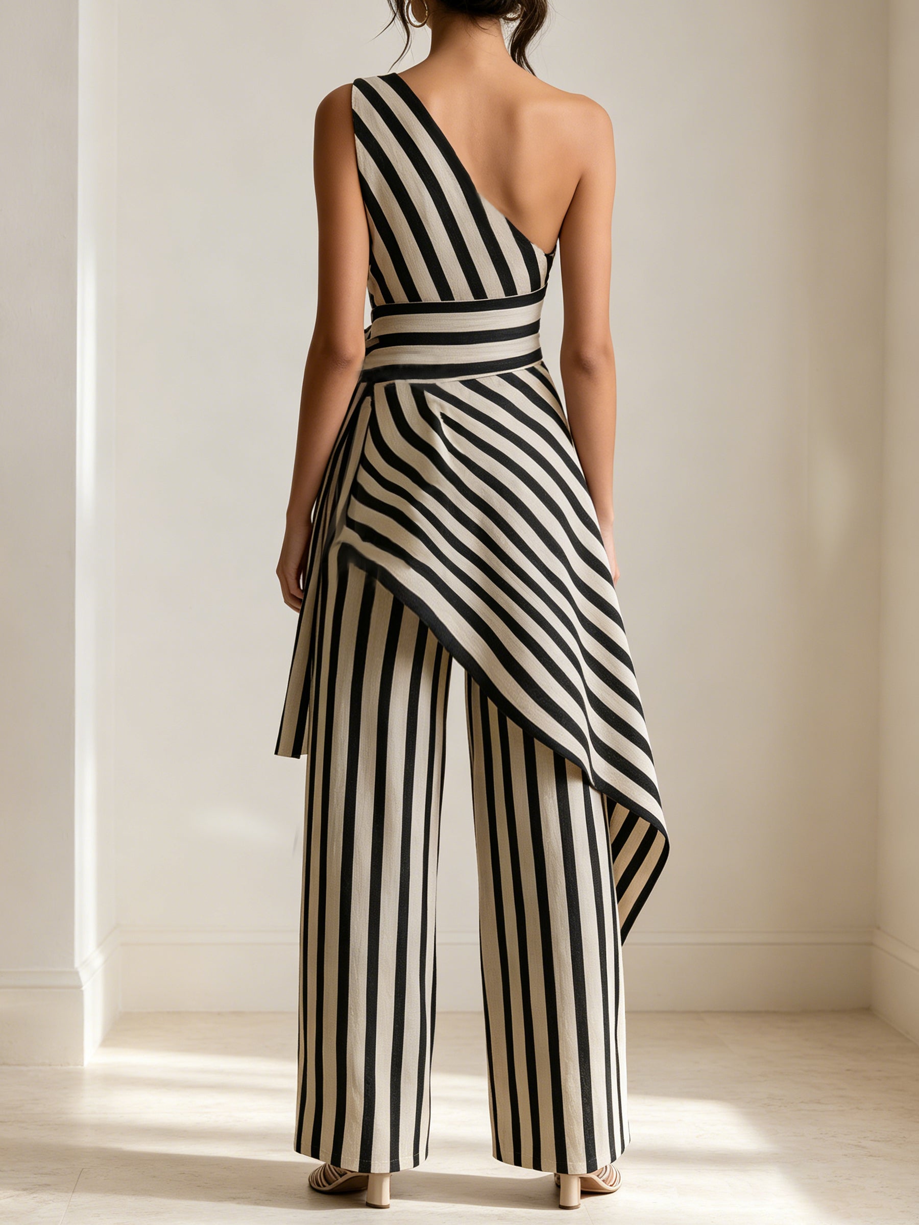 Asymmetric One-Shoulder Striped Jumpsuit – Elegant High-Waist Wide-Leg Statement Outfit