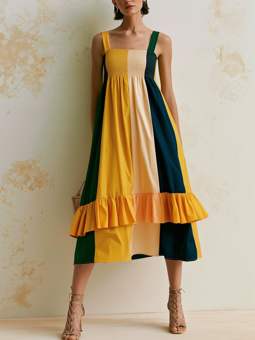 Women's Color Block Smocked Cami Midi Dress, Ruffled Hem Loose Summer Sundress