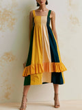 Women's Color Block Smocked Cami Midi Dress, Ruffled Hem Loose Summer Sundress