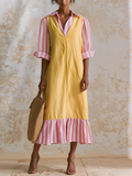 Two-Tone Layer Look Midi Dress, Yellow V-Neck Vest Dress With Pink Striped Shirt Sleeves