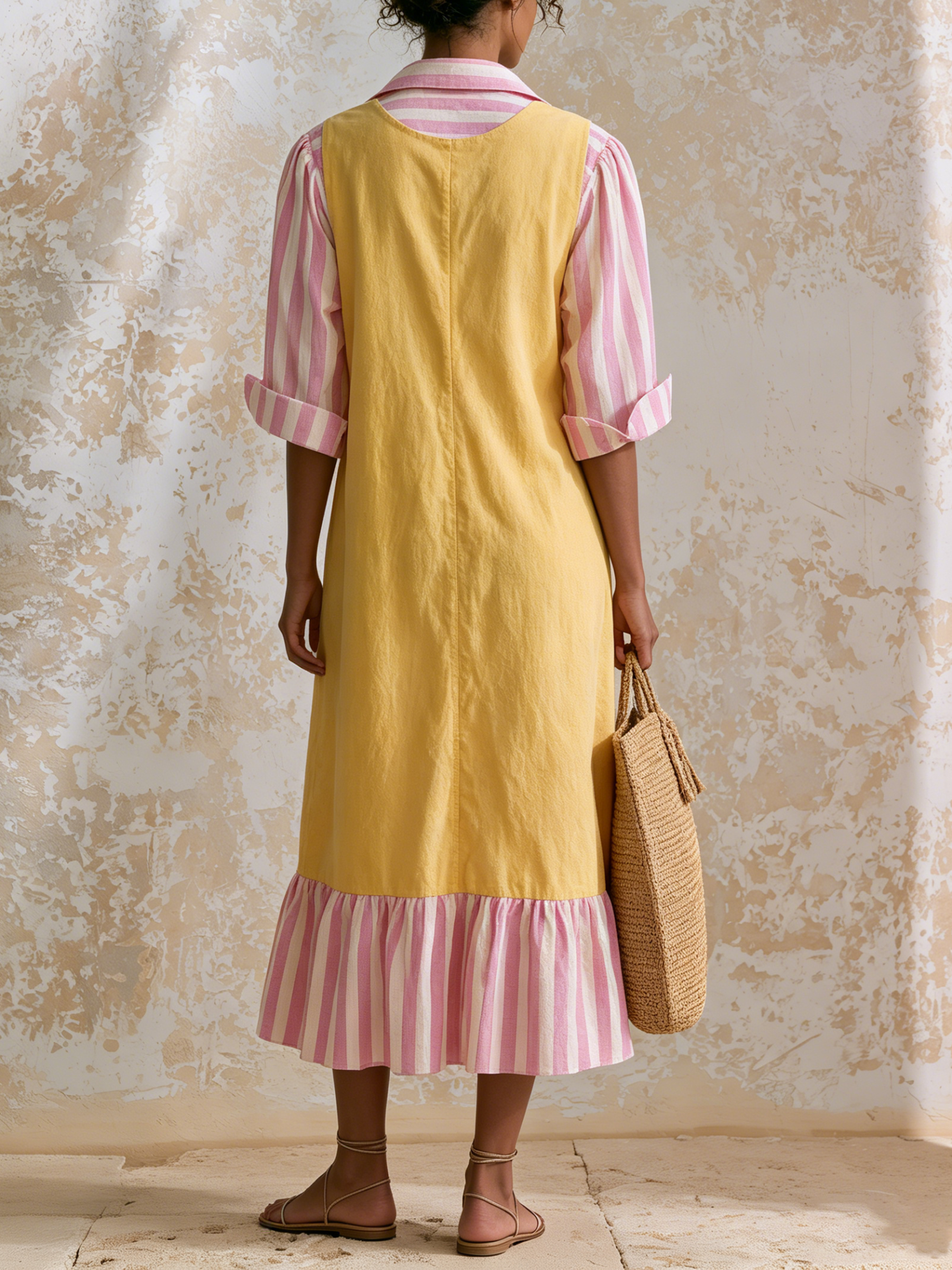 Two-Tone Layer Look Midi Dress, Yellow V-Neck Vest Dress With Pink Striped Shirt Sleeves
