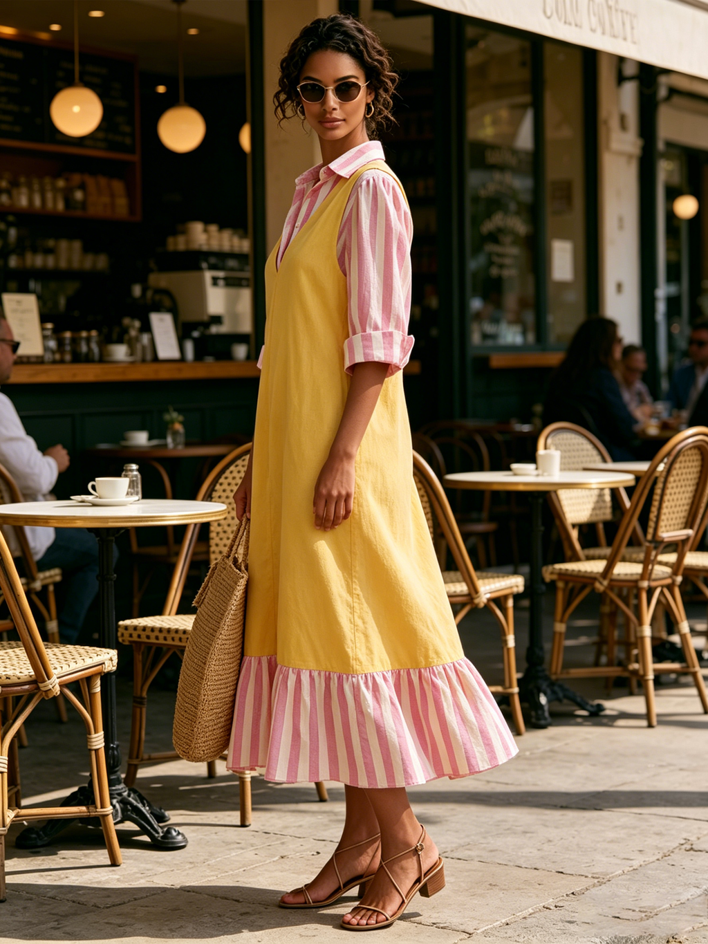 Two-Tone Layer Look Midi Dress, Yellow V-Neck Vest Dress With Pink Striped Shirt Sleeves