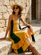 Women's Color Block Smocked Cami Midi Dress, Ruffled Hem Loose Summer Sundress