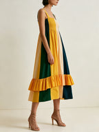 Women's Color Block Smocked Cami Midi Dress, Ruffled Hem Loose Summer Sundress