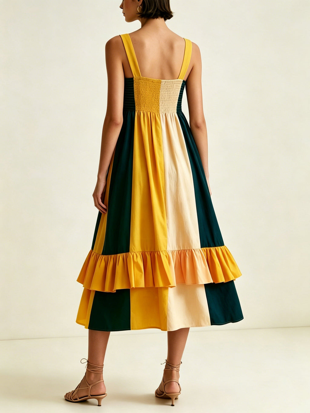 Women's Color Block Smocked Cami Midi Dress, Ruffled Hem Loose Summer Sundress