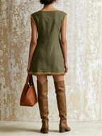 Olive Contrast Mustard Trim Sleeveless Square Neck Linen Mini Shift Dress With Patch Pockets