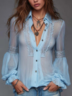 Boho Sheer Lace Trim Puff Sleeve Shirt