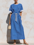 Blue & White Vertical Stripe Drawstring Waist Maxi Dress