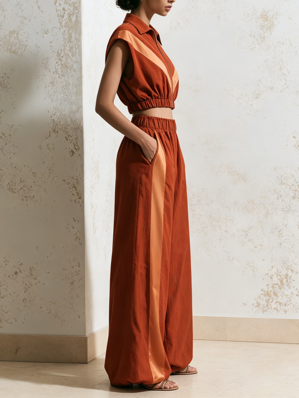 Rust Orange Satin Contrast 2-Piece Outfit, Sleeveless Zip Crop Shirt & Elastic High Waist Wide Leg Trousers Set