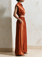 Rust Orange Satin Contrast 2-Piece Outfit, Sleeveless Zip Crop Shirt & Elastic High Waist Wide Leg Trousers Set