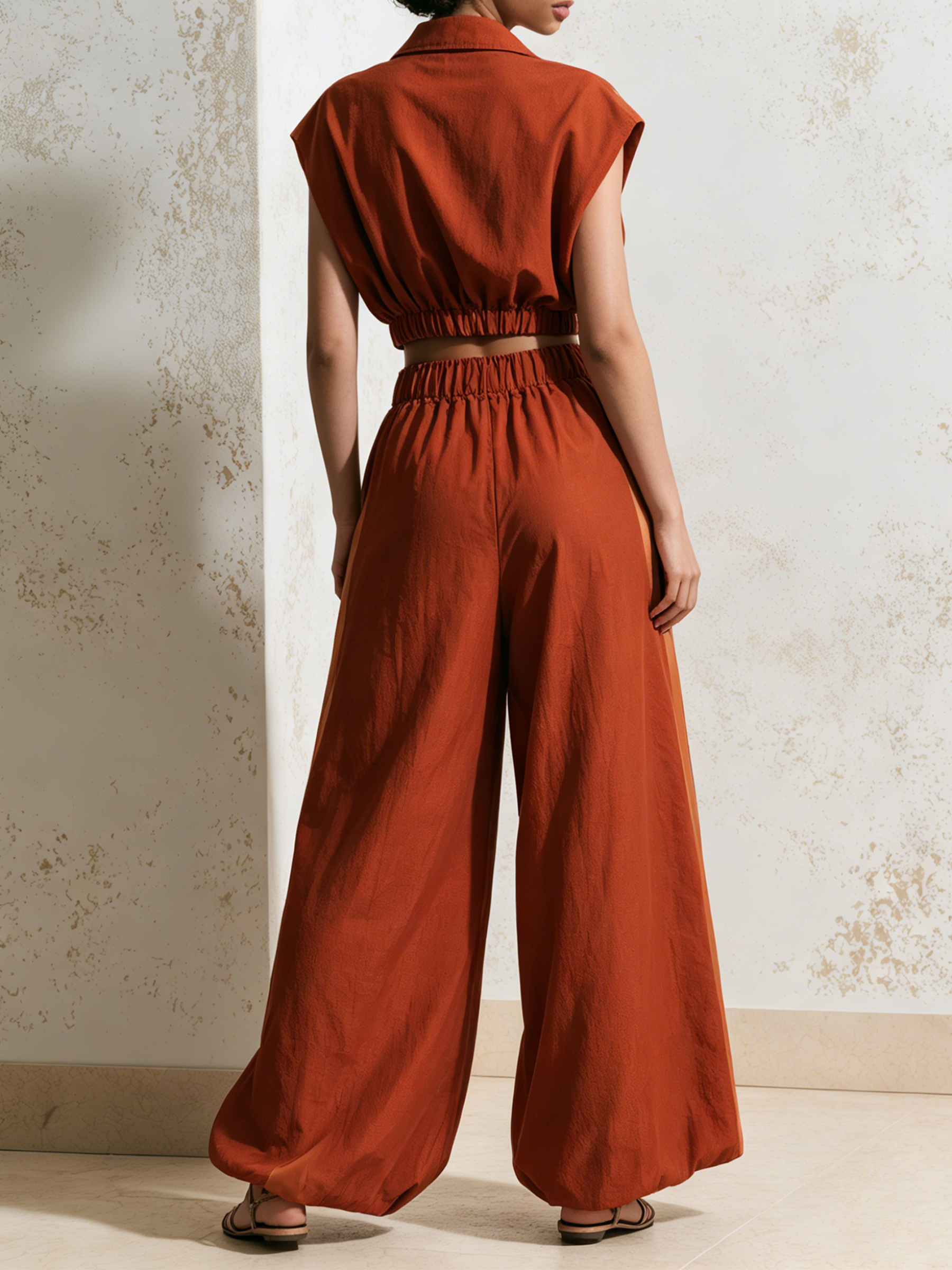 Rust Orange Satin Contrast 2-Piece Outfit, Sleeveless Zip Crop Shirt & Elastic High Waist Wide Leg Trousers Set