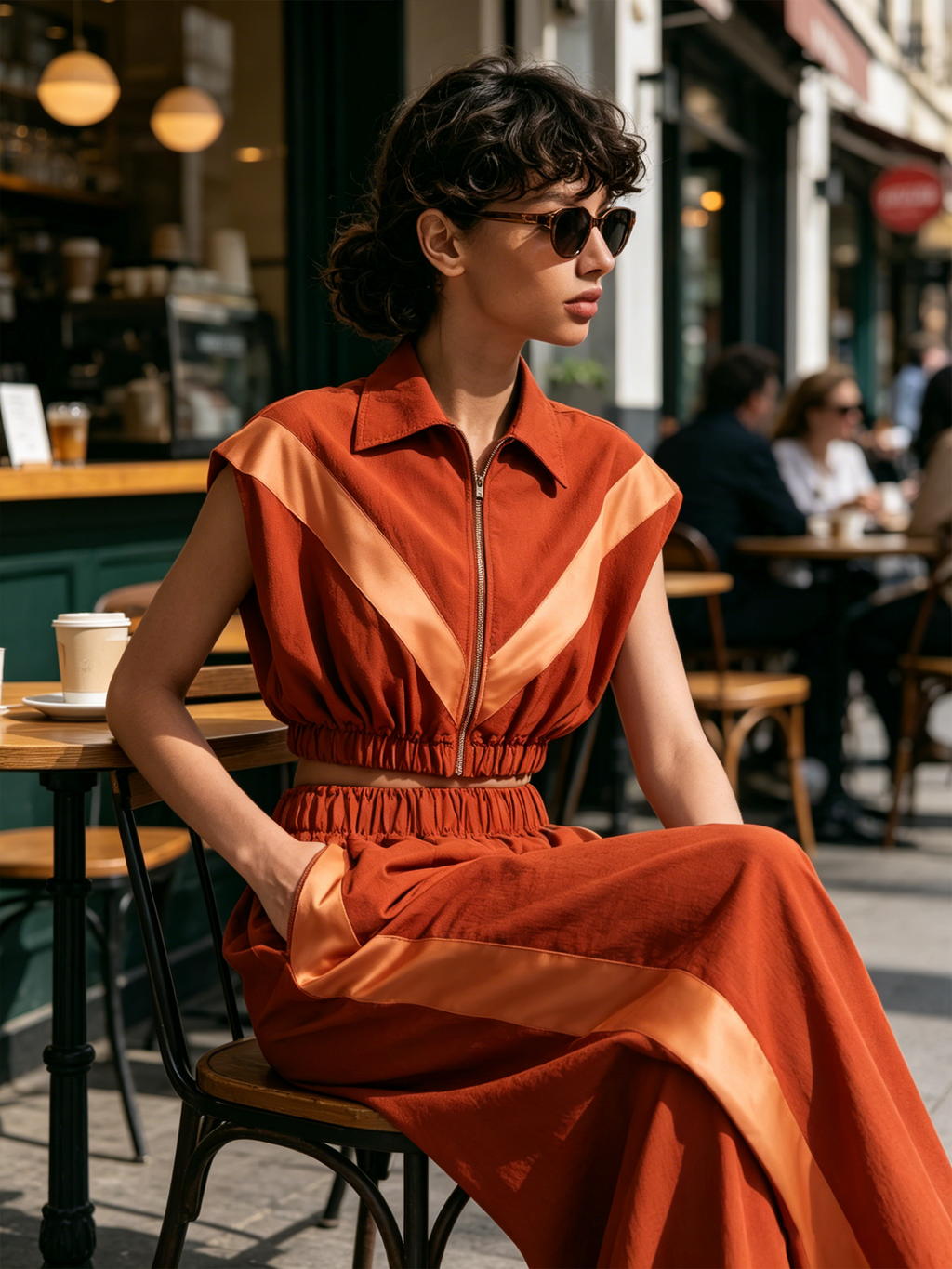 Rust Orange Satin Contrast 2-Piece Outfit, Sleeveless Zip Crop Shirt & Elastic High Waist Wide Leg Trousers Set