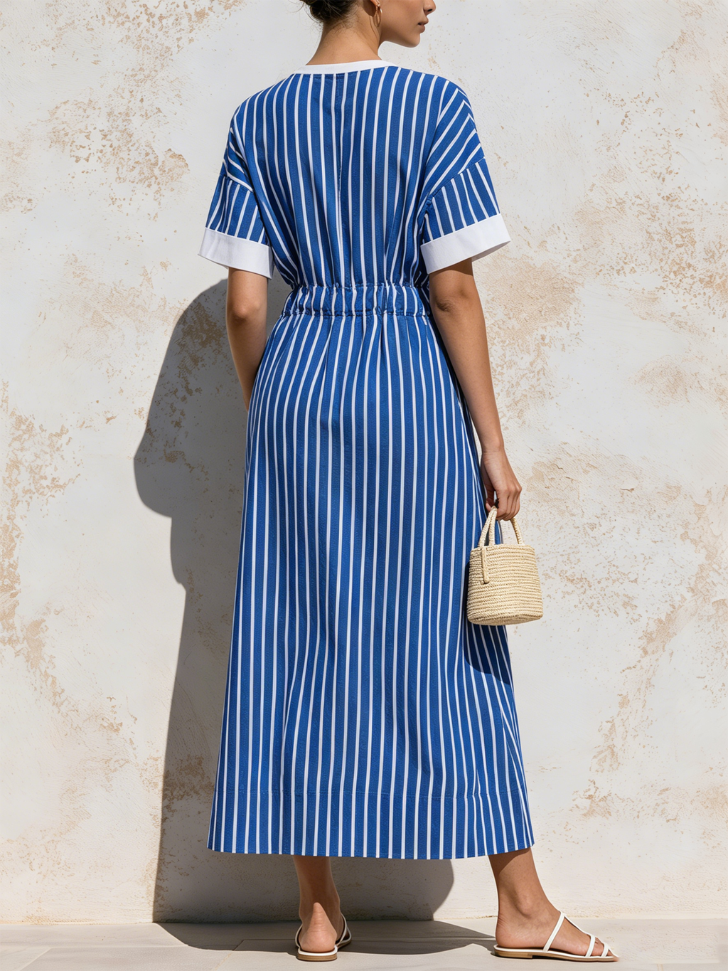 Blue & White Vertical Stripe Drawstring Waist Maxi Dress