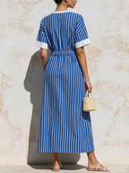 Blue & White Vertical Stripe Drawstring Waist Maxi Dress