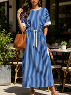 Blue & White Vertical Stripe Drawstring Waist Maxi Dress