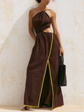 Chocolate Brown One Shoulder Cutout Maxi Dress Neon Yellow Contrast Piping High Front Slit
