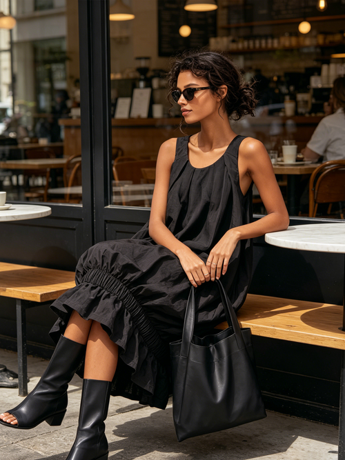 Black Sleeveless Bubble Midi Dress Gathered Elastic Waist Ruffle Hem Loose Tent Dress