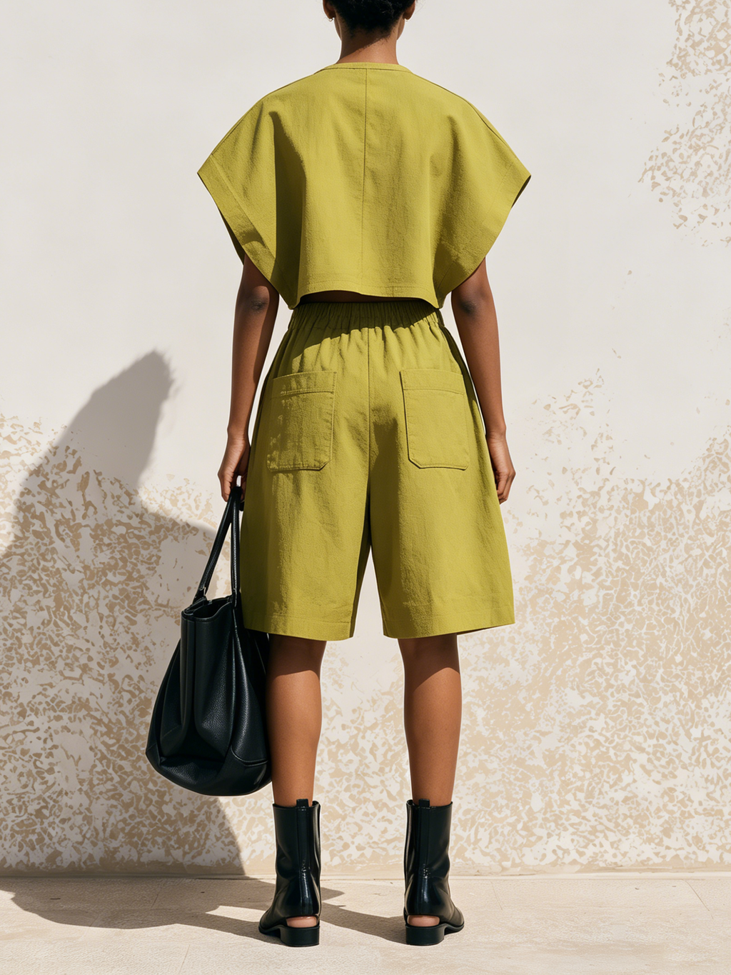 Olive Green Cargo Two-Piece Set Cropped Batwing Top & Elastic Waist Wide Culotte Shorts