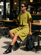 Olive Green Cargo Two-Piece Set Cropped Batwing Top & Elastic Waist Wide Culotte Shorts