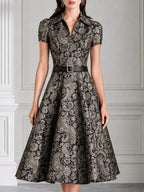 Collared Short Sleeve Paisley Jacquard Midi Dress