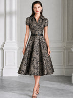 Collared Short Sleeve Paisley Jacquard Midi Dress